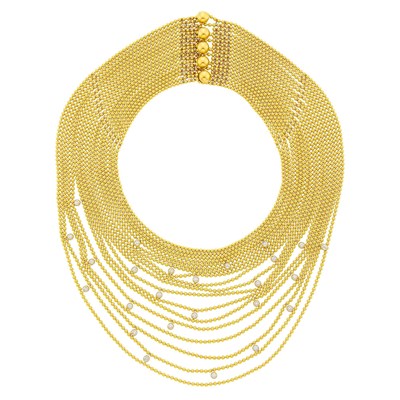 Lot 74 - Cartier Eighteen Strand Two-Color Gold and Diamond 'Draperie' Necklace