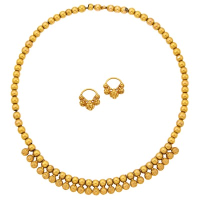 Lot 2092 - High Karat Gold Bead Necklace and Pair of Pendants