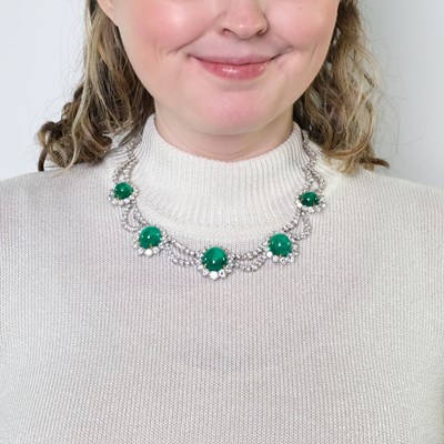 Lot 221 - Platinum, Gold, Cabochon Emerald and Diamond Necklace