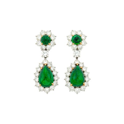 Lot 219 - Pair of Platinum, Gold, Cabochon Emerald and Diamond Pendant-Earclips