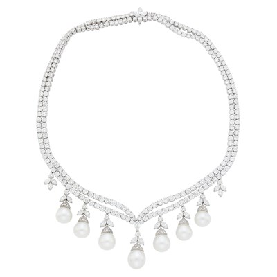 Lot 227 - Platinum, Diamond and South Sea Cultured Pearl Pendant-Necklace