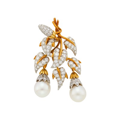 Lot 205 - Tiffany & Co., Schlumberger Platinum, Gold, Diamond and Cultured Pearl 'Leaves' Clip-Brooch