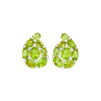 Lot 25 - Verdura Pair of Gold, Peridot and Diamond 'Paisley' Earclips