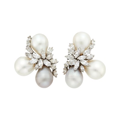 Lot 225 - Pair of Platinum, Multicolored Cultured Pearl and Diamond Earclips