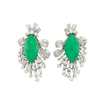 Lot 129 - J.E. Caldwell & Co. Pair of Platinum, Jade and Diamond Earclips