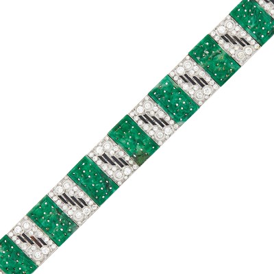 Lot 133 - Platinum, Carved Jade, Diamond and Black Onyx Bracelet