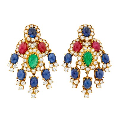 Lot 82 - Pair of Gold, Diamond, Cabochon Ruby, Emerald and Sapphire Pendant-Earclips