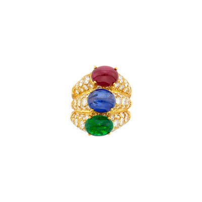 Lot 81 - Gold, Cabochon Ruby, Emerald and Sapphire and Diamond Triple Band Ring