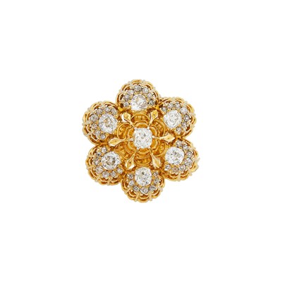 Lot 1071 - Gold and Diamond Flower Pendant-Brooch