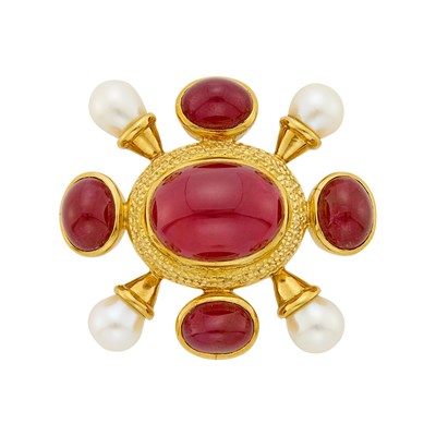 Lot 260 - Gold, Cabochon Ruby and Cultured Pearl Pendant-Brooch