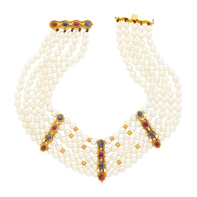 Lot 79 - Five Strand Cultured Pearl, Gold, Cabochon Ruby and Sapphire and Diamond Choker Necklace