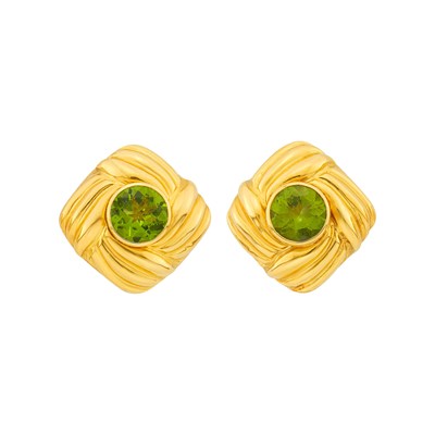 Lot 1085 - Pair of Gold and Peridot Earclips