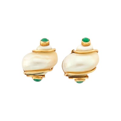 Lot 1014 - Seaman Schepps Pair of Gold, Shell and Cabochon Emerald 'Turbo Shell' Earclips