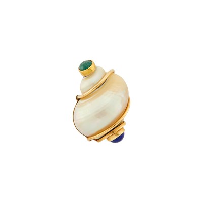 Lot 1013 - Seaman Schepps Gold, Shell, Cabochon Emerald and Lapis Ring