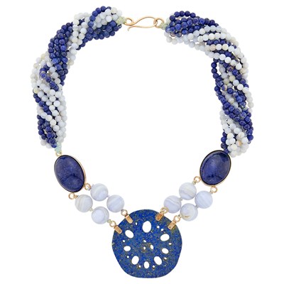 Lot 288 - Multistrand Lapis and Blue Lace Agate Bead Lotus Root Pendant-Necklace
