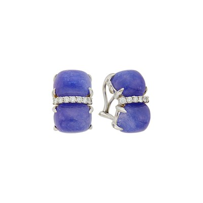 Lot 93 - Seaman Schepps Pair of White Gold, Cabochon Tanzanite and Diamond Earclips