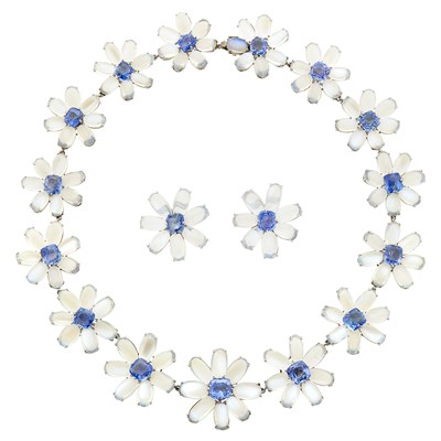 Lot 232 - J. E. Caldwell & Co. Platinum, Moonstone and Sapphire Daisy Necklace and Pair of Earclips