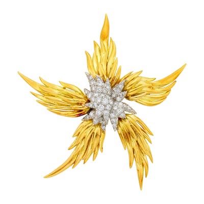 Lot 37 - Tiffany & Co., Schlumberger Gold, Platinum and Diamond 'Flames' Clip-Brooch, France