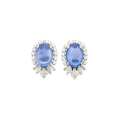 Lot 230 - Pair of Platinum, Cabochon Sapphire and Diamond Earclips