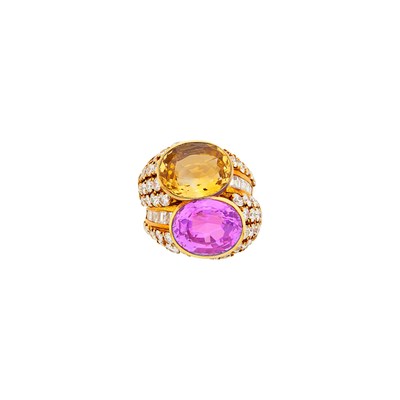 Lot 21 - Gold, Pink and Yellow Sapphire and Diamond Double Band Ring