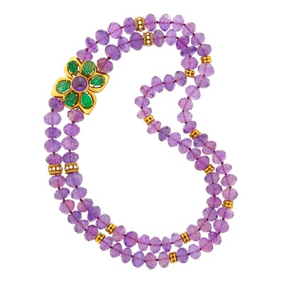 Lot 89 - Double Strand Gold, Amethyst Bead and Diamond Necklace with Carved Emerald and Cabochon Amethyst Clasp