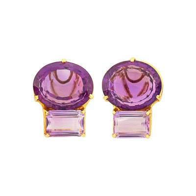 Lot 1030 - Pair of Gold and Bicolor Amethyst Earclips