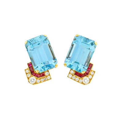 Lot 34 - Jacques Timey for Harry Winston Pair of Gold, Aquamarine, Ruby and Diamond Earclips