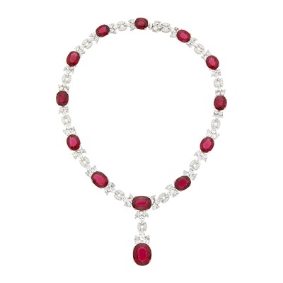 Lot 144 - White Gold, Rubellite, Diamond and Colorless Sapphire Necklace