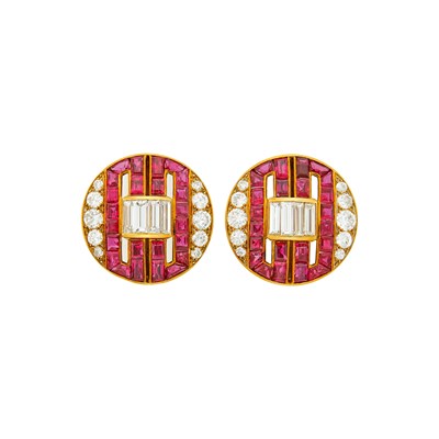 Lot 31 - Pair of Gold, Diamond and Ruby Earclips