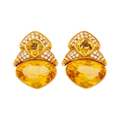 Lot 11 - Pair of Gold, Citrine and Diamond Earclips
