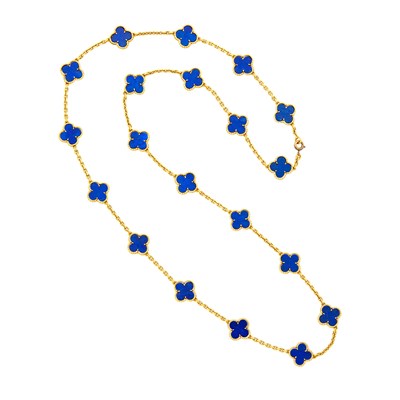 Lot 51 - Van Cleef & Arpels Long Gold and Lapis 'Alhambra' Necklace, France