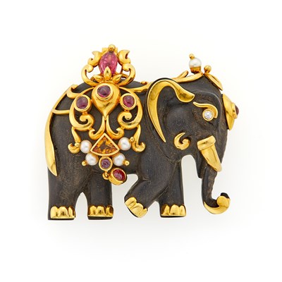 Lot 266 - Lotus Arts de Vivre Gold, Carved Ebony, Cultured Pearl, Diamond, Cabochon Ruby and Citrine Elephant Clip-Brooch