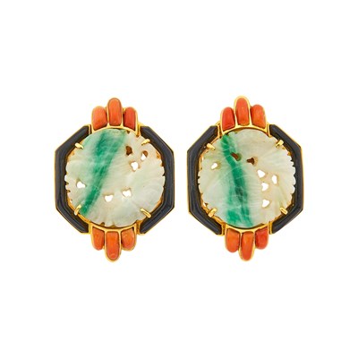 Lot 1016 - Pair of Gold, Carved Jade, Coral and Black Enamel Earclips
