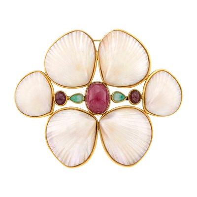 Lot 1026 - Marguerite Stix Gold, Shell, Cabochon Ruby and Jade Brooch
