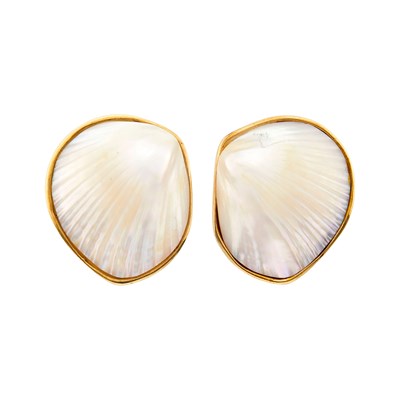 Lot 1027 - Attributed to Marguerite Stix Pair of Gold and Shell Earclips