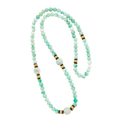 Lot 46 - Long Gold, Jade and Black Onyx Bead and Diamond Necklace