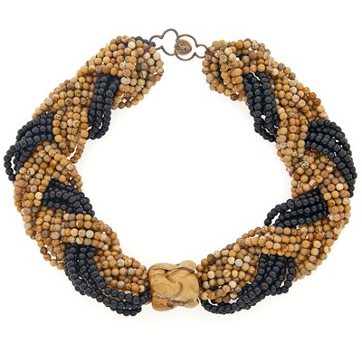 Lot 287 - Multistrand Woven Brown and Black Agate Bead Necklace with Hardstone Bead Pendant