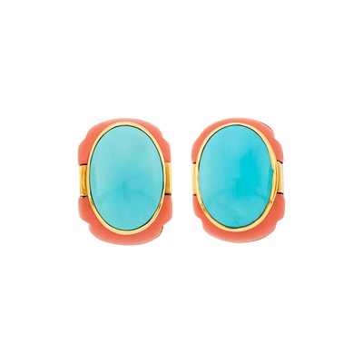 Lot 1004 - Seaman Schepps Pair of Gold, Turquoise and Composite Coral Earclips