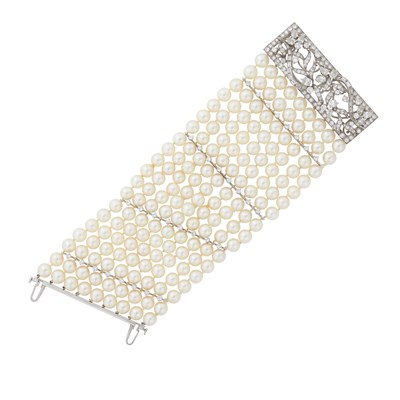 Lot 147 - Wide Nine Strand Platinum, White Gold, Cultured Pearl and Diamond Bracelet