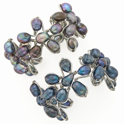 Lot 281 - Pair of Metal and Dyed Baroque Freshwater Pearl Cuffs