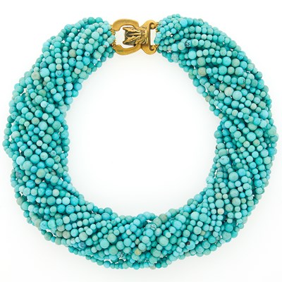Lot 273 - Alice Kuo Twenty Strand Turquoise Bead Torsade Necklace with Gilt-Metal Clasp