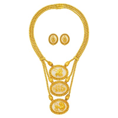 Lot 63 - Ilias Lalaounis Triple Strand Gold Bead, Frosted Rock Crystal Medallion and Diamond Chimera Necklace and Pair of Earclips