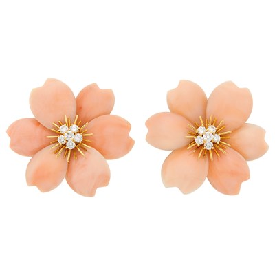 Lot 42 - Van Cleef & Arpels Pair of Gold, Angel Skin Coral and Diamond 'Rose de Noel' Earclips, France