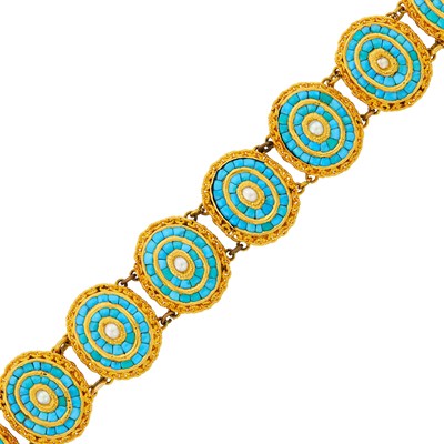 Lot 1067 - Antique Gold, Turquoise and Split Pearl Bracelet