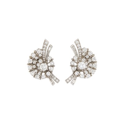 Lot 1046 - Pair of Platinum and Diamond Flower Spray Earclips