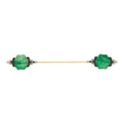 Lot 134 - Cartier Paris Gold, Platinum, Carved Jade, Diamond and Black Enamel Jabot