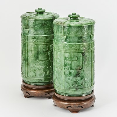 Lot 540 - A Pair of Chinese Spinach Jade Cylindrical Vases and Covers