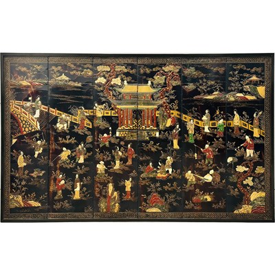 Lot 1100 - Chinese Six-panel Gilt and Inlaid Black-lacquered Screen