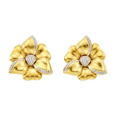 Lot 1010 - Pair of Two-Color Gold and Diamond Flower Earclips