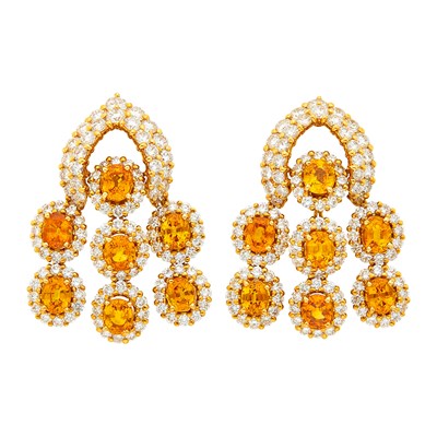 Lot 1090 - Pair of Gold, Orange Sapphire and Diamond Pendant-Earclips, France